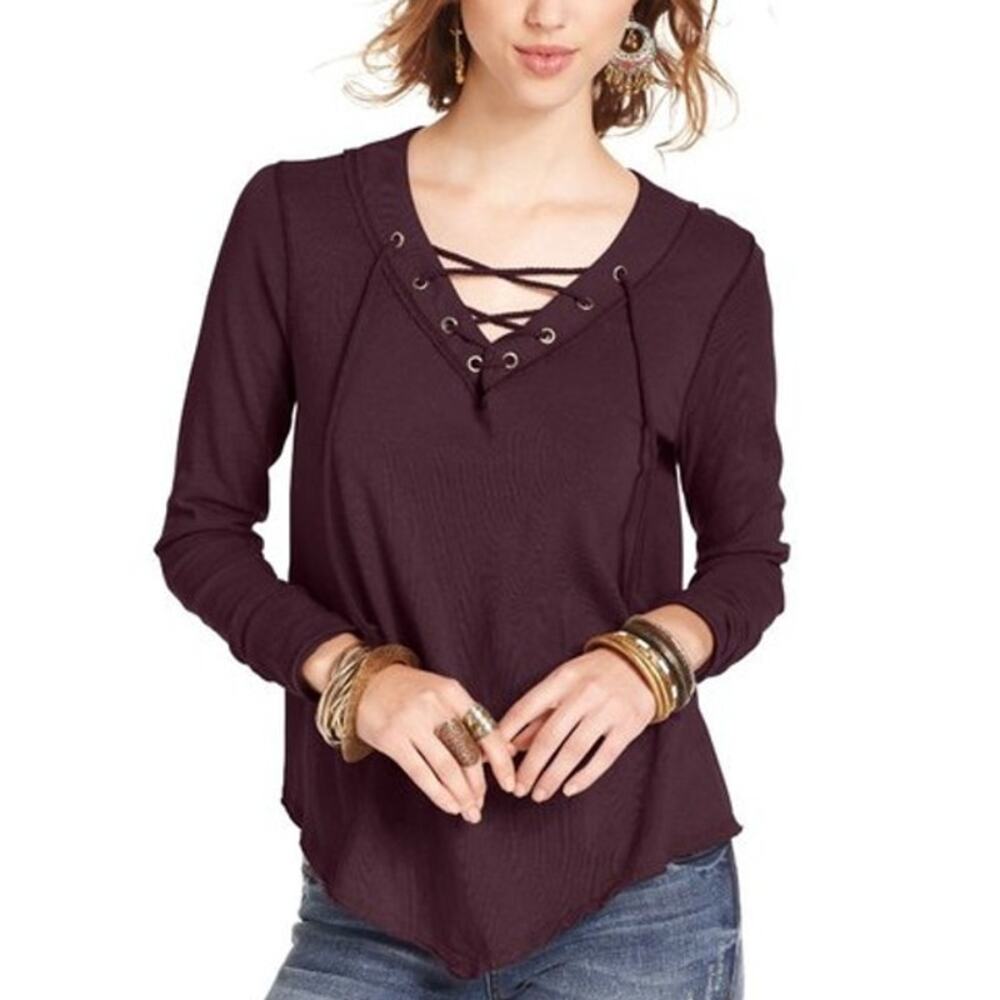 We the Free People Laceup Top Womens Small Plum Burgundy Oversized V-Neck Boho